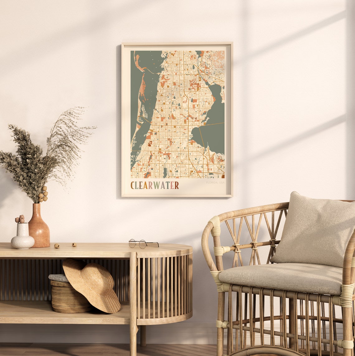 Clearwater Florida Colorful Retro Warm Tone Coastal City Map Poster - Image 2