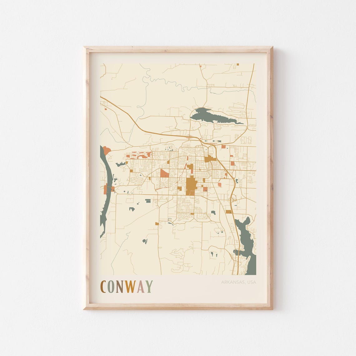 Conway Arkansas Warm Earth Tone City Street Map Art Decor Poster