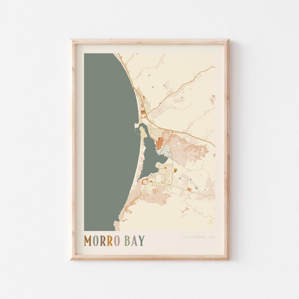 Morro Bay California Warm Earth Tone City Street Map Art Decor Poster