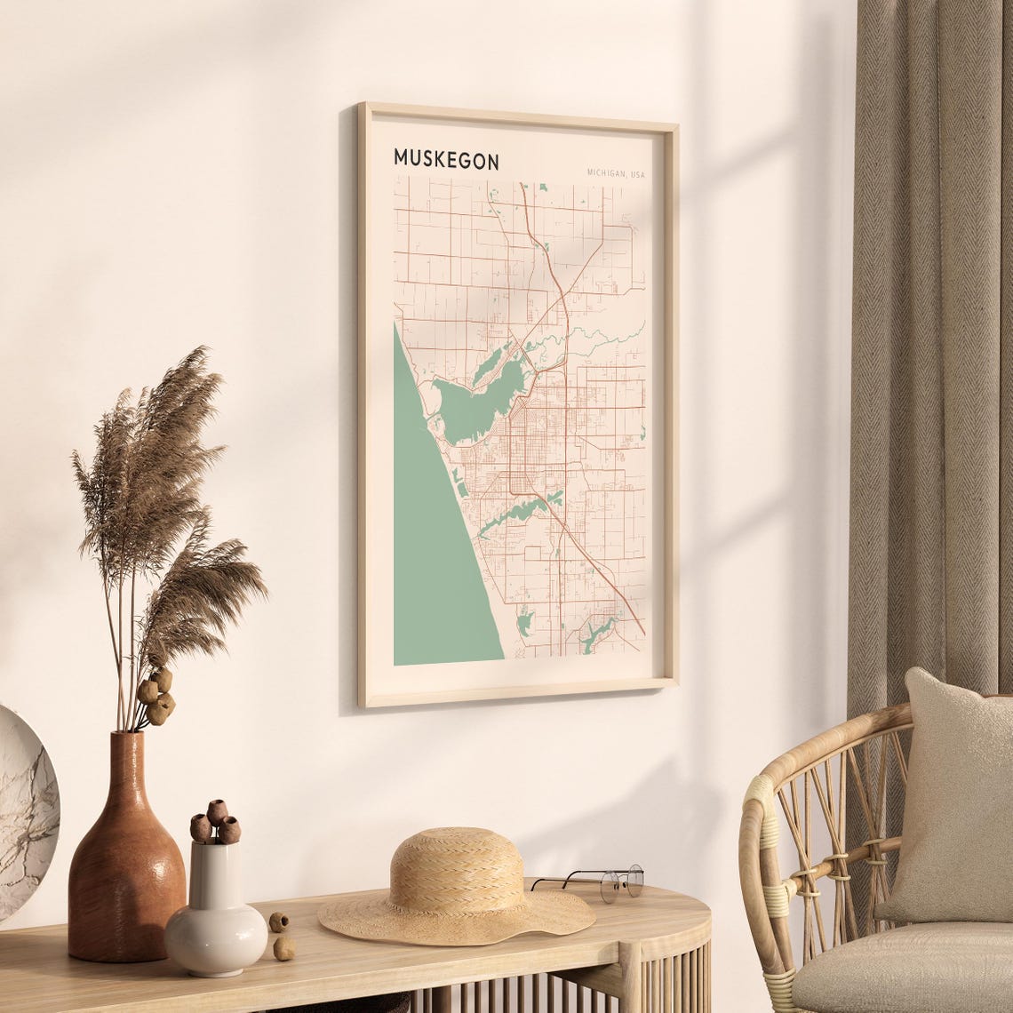 Muskegon Michigan Elegant Sage Green Minimalist City Map Poster - Image 3