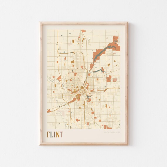 Flint Michigan Retro Warm Earth Tone Vintage City Street Map Poster