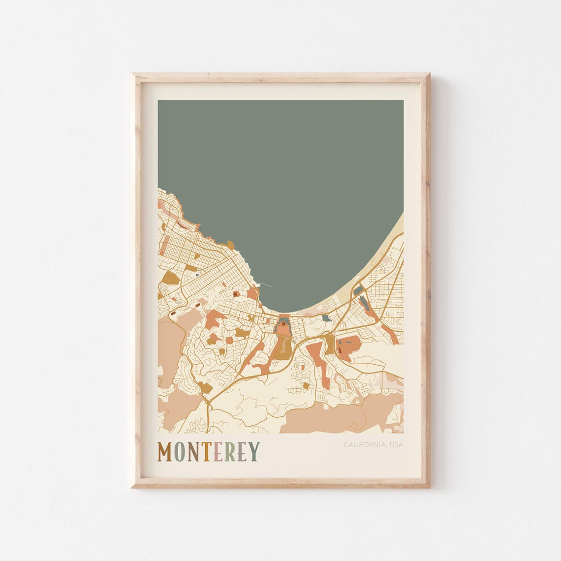 Monterey California Warm Earth Tone City Street Map Art Decor Poster