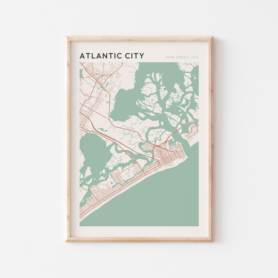 Atlantic City New Jersey Street Map Poster in Warm Brown Sage and Cream Tones