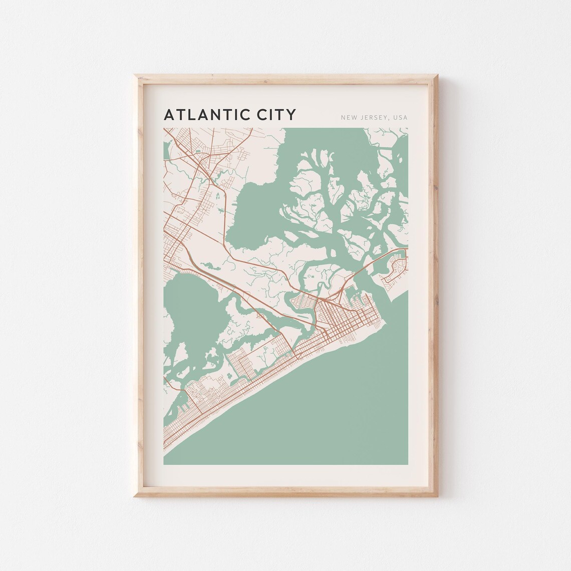 Atlantic City New Jersey Street Map Poster in Warm Brown Sage and Cream Tones
