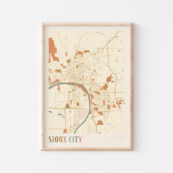 Sioux City Iowa City Map Poster Earth Tone Boho Minimalist Map Wall Decor Gift