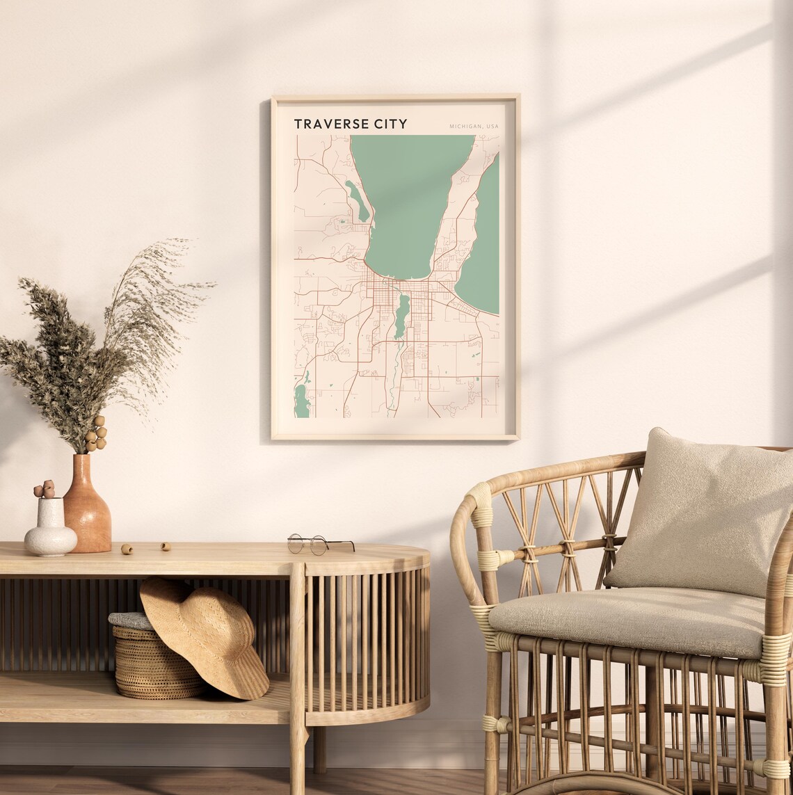 Traverse City Michigan Street Map Poster in Warm Brown Sage and Cream Tones - Image 2