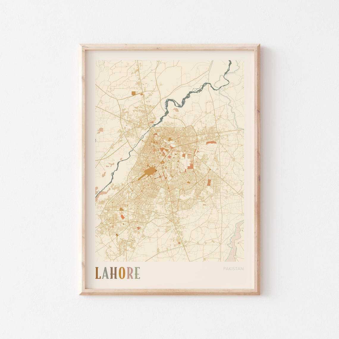 Lahore Pakistan Modern Minimal City Map Warm Beige Travel Poster