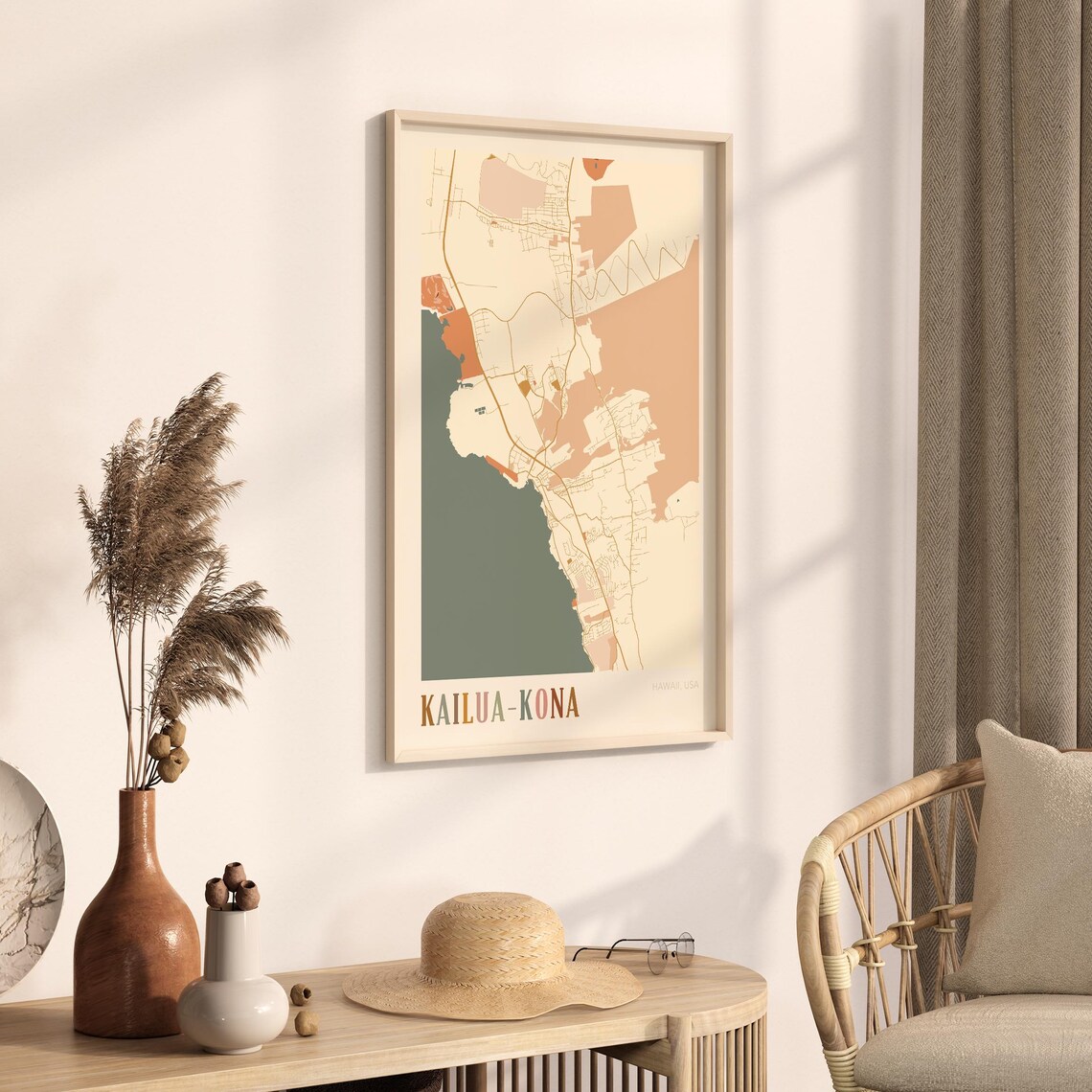 Kailua-Kona Hawaii Colorful Retro Coastal City Map Poster Boho Wall Decor - Image 3