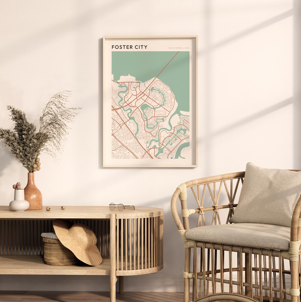 Foster City California Minimalist Street Map Poster in Blush and Sage - Image 2