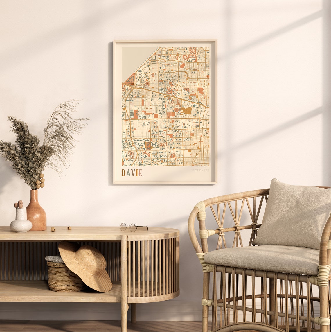 Davie Florida Colorful Retro Decorative Warm Tone City Map Poster - Image 2
