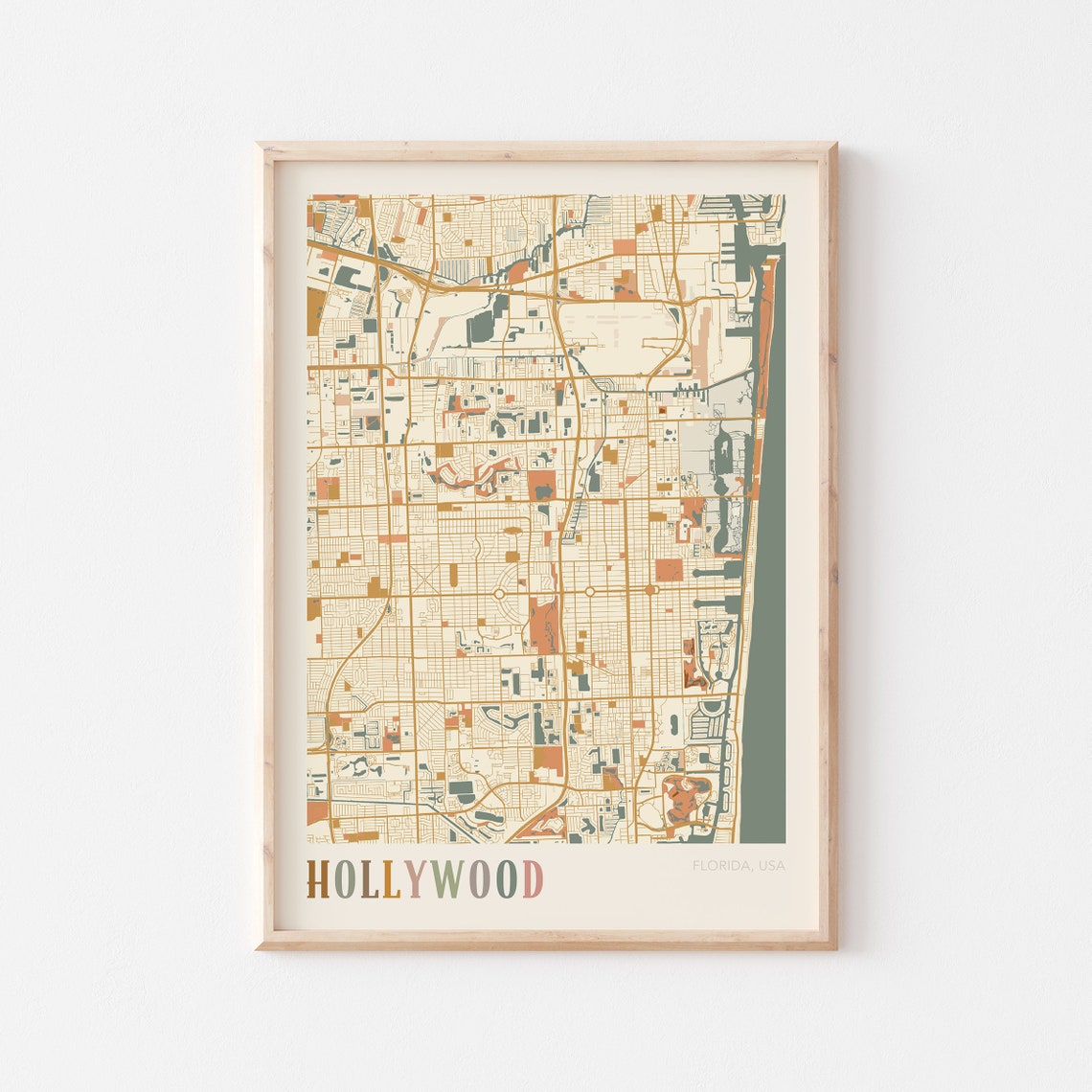 Hollywood Florida City Map Poster Warm Retro Street Map Home Decor
