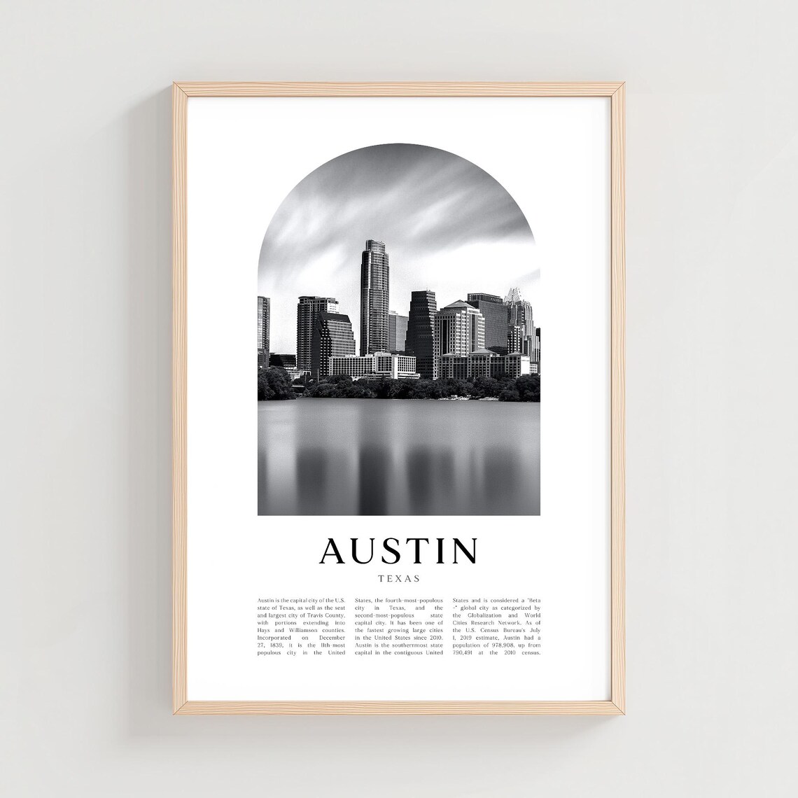 Austin Texas Downtown Skyline Black White Photography Art Print