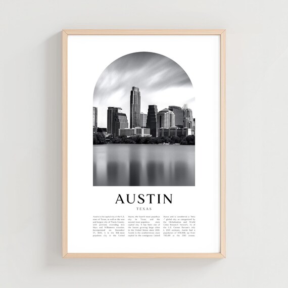Austin Texas Downtown Skyline Black White Photography Art Print