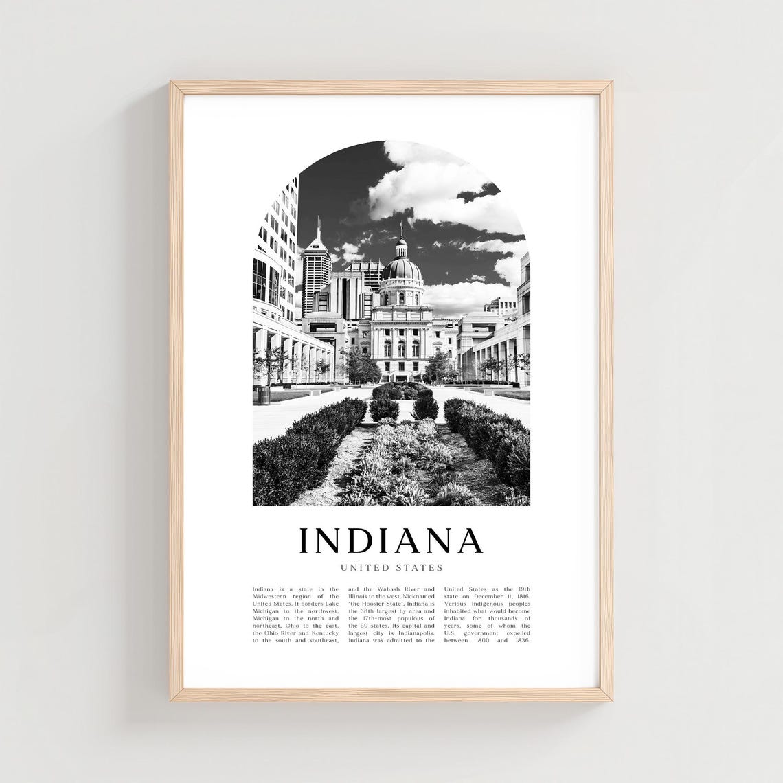 Indiana State Indianapolis Downtown Arch Black and White Photo Poster