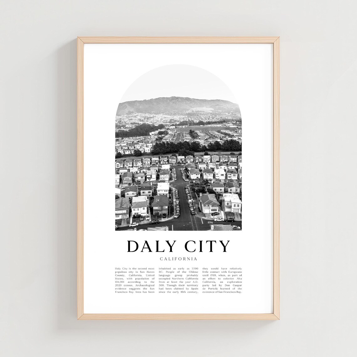 Daly City California Aerial Neighborhood Hills Arch Black White Poster
