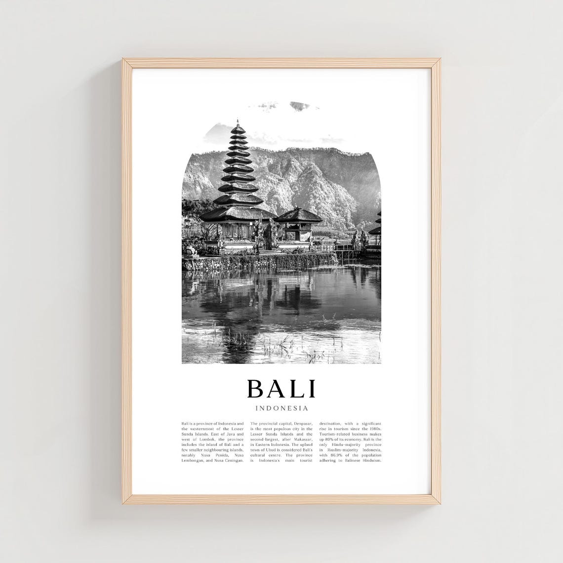 Bali Indonesia Lakeside Temple Black and White Travel Poster
