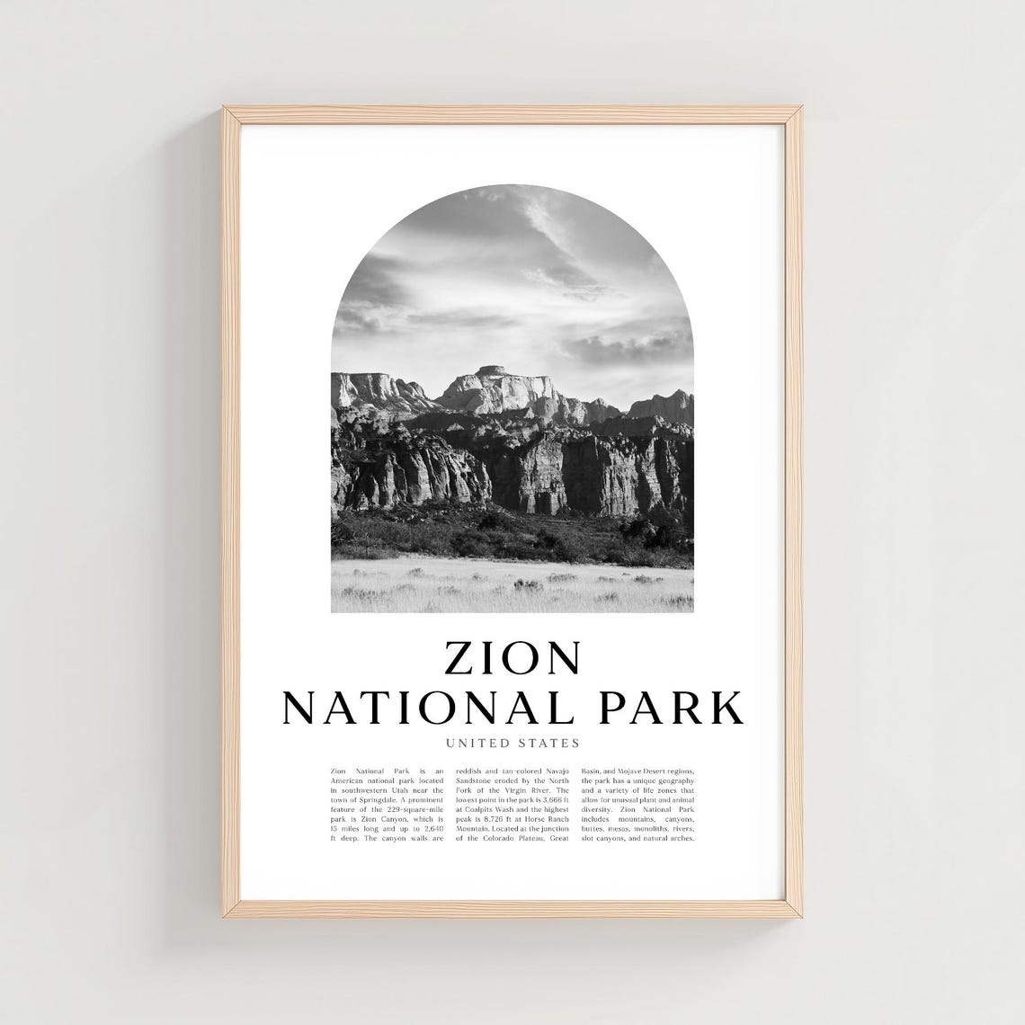 Zion National Park Utah Canyon Cliffs Black and White Poster