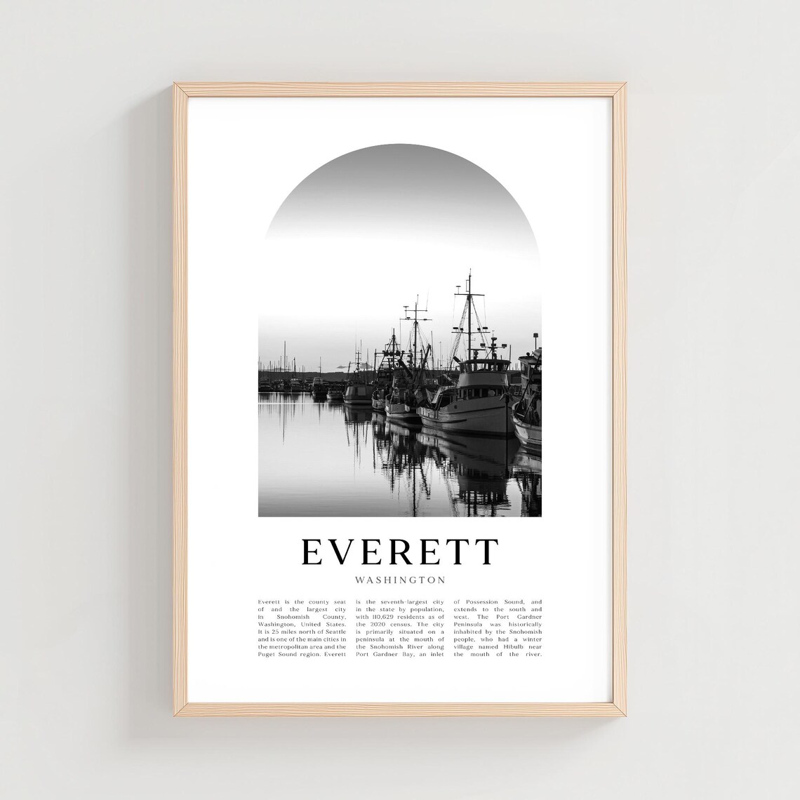 Everett Washington Marina Fishing Boats Arch Black and White Poster