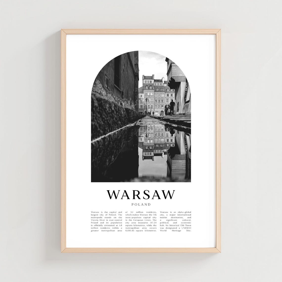 Warsaw Old Town Street Reflection Black and White City Poster