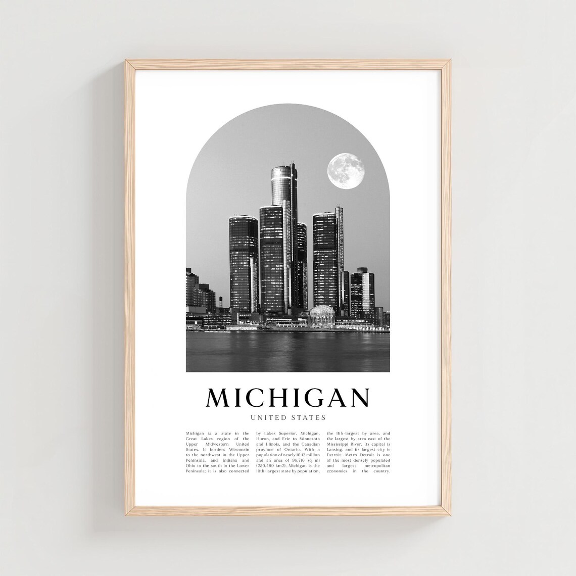 Michigan Detroit Skyline Moonlit Black and White City Arch Photo Poster