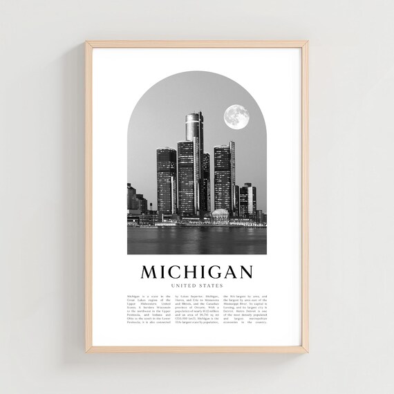 Michigan Detroit Skyline Moonlit Black and White City Arch Photo Poster