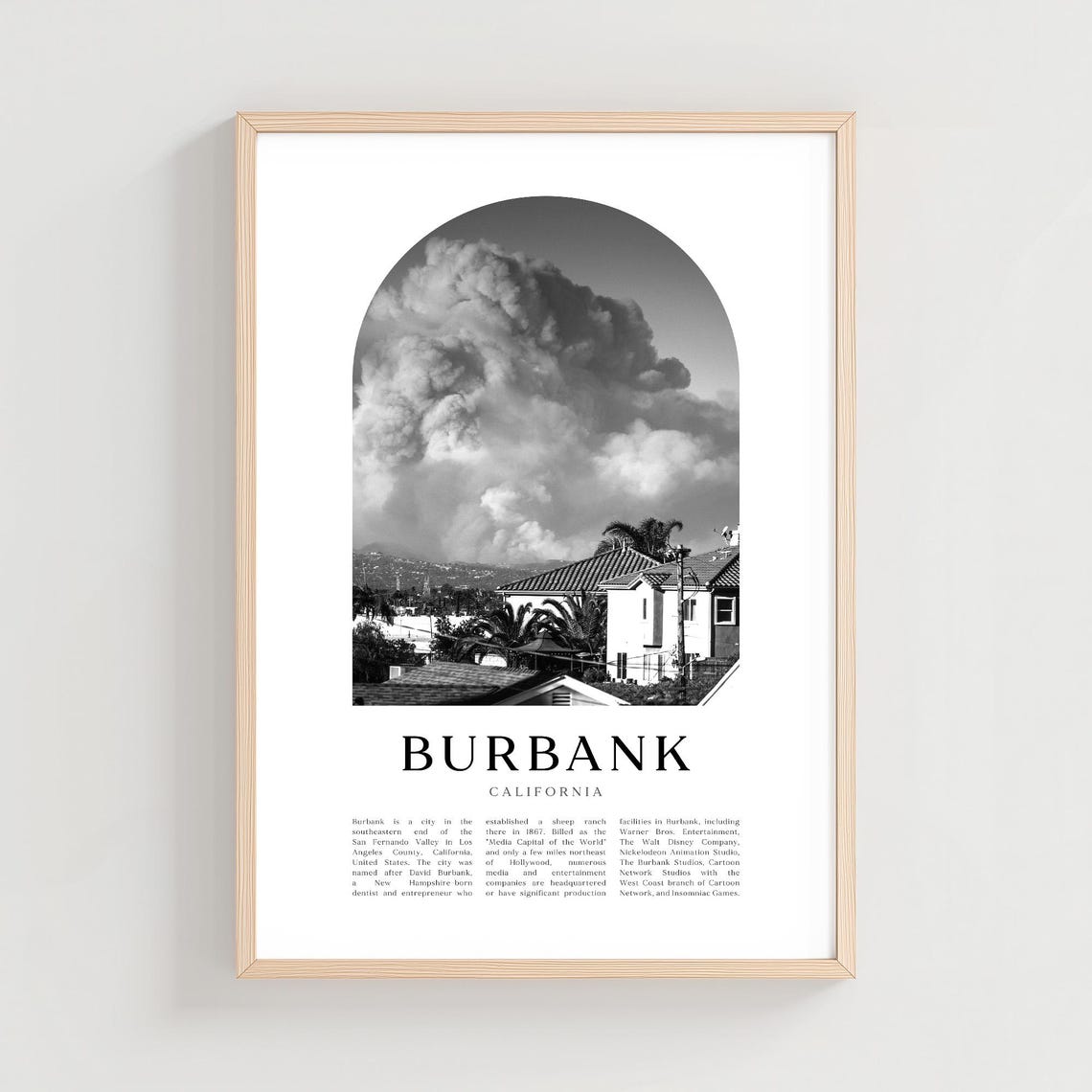 Burbank California Rooftops Dramatic Clouds Arch Black White Poster