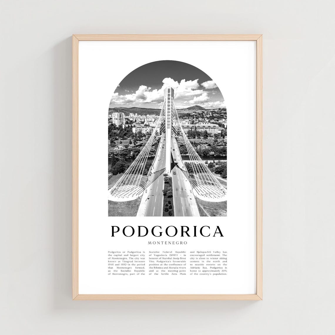 Podgorica Montenegro Millennium Bridge Black White Photo Poster