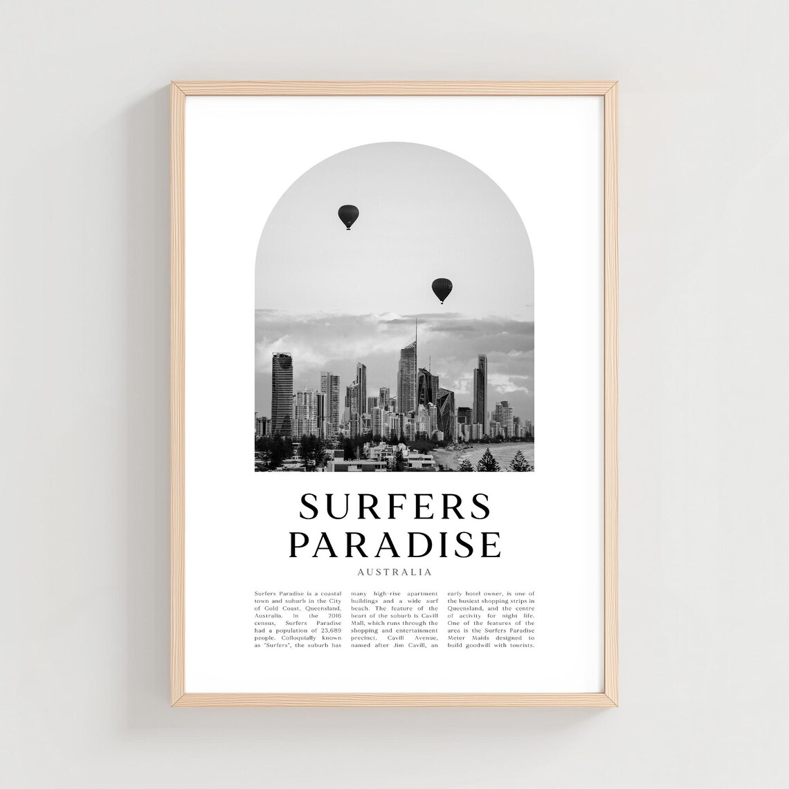Surfers Paradise Skyline Hot Air Balloon Black White Australia Poster