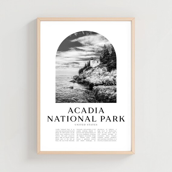 Acadia National Park Rocky Coast Lighthouse Black and White Poster