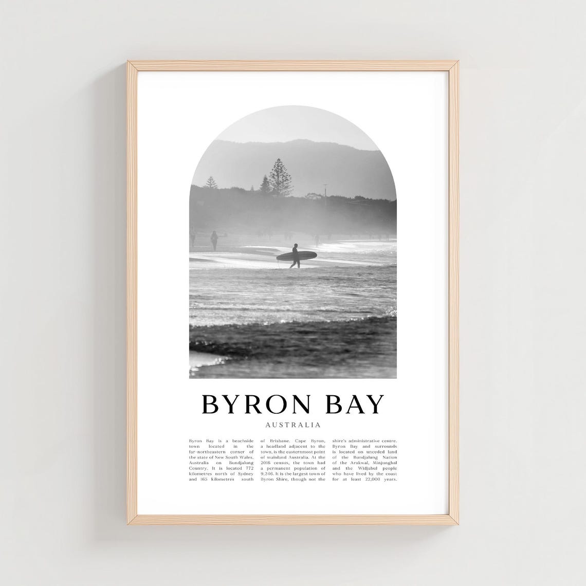 Byron Bay Australia Black and White Surfer Beach Photography Poster