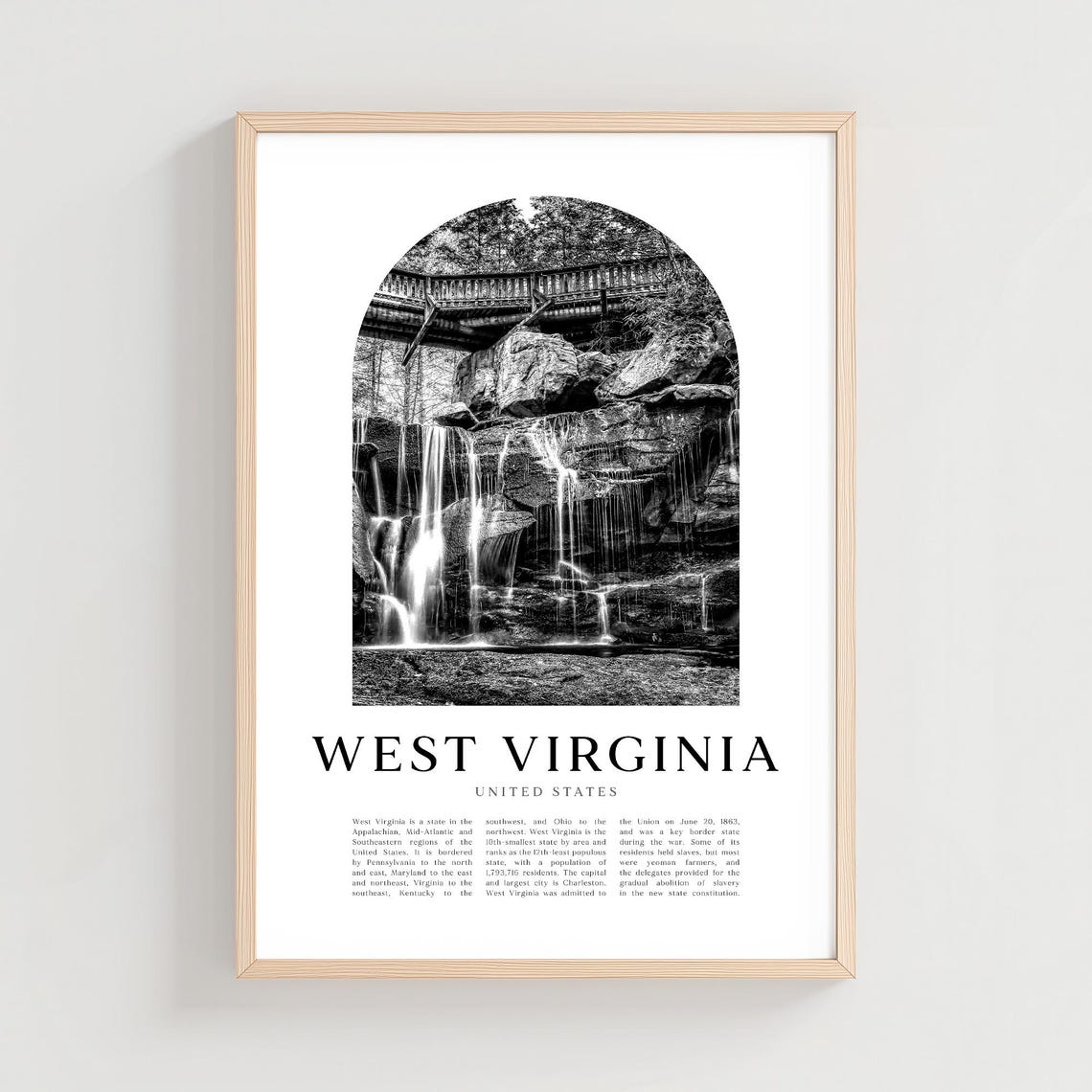 West Virginia Waterfall Forest Bridge Black White Arch Photo Poster