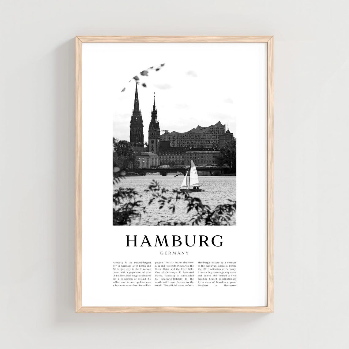 Hamburg Germany Harbor Sailboat Black And White Skyline City Poster