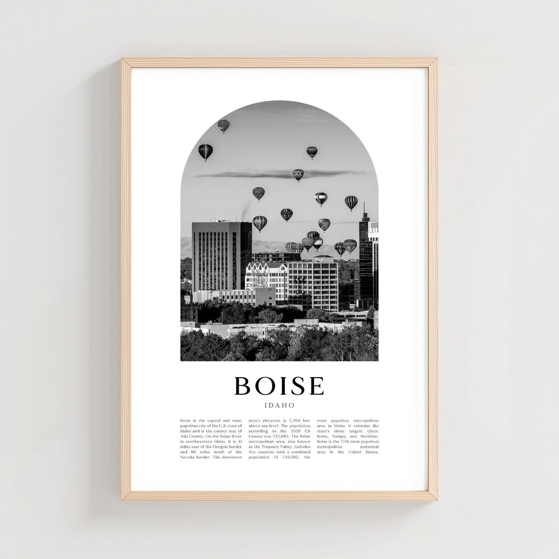Boise Idaho Hot Air Balloons Downtown Black and White Skyline Poster
