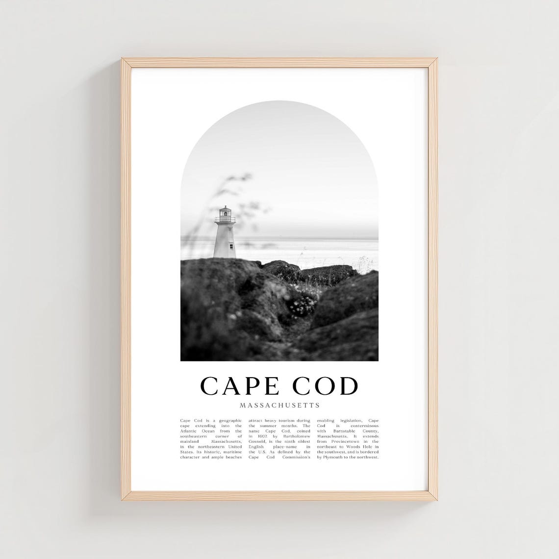 Cape Cod Massachusetts Rocky Lighthouse Black White Photo Print