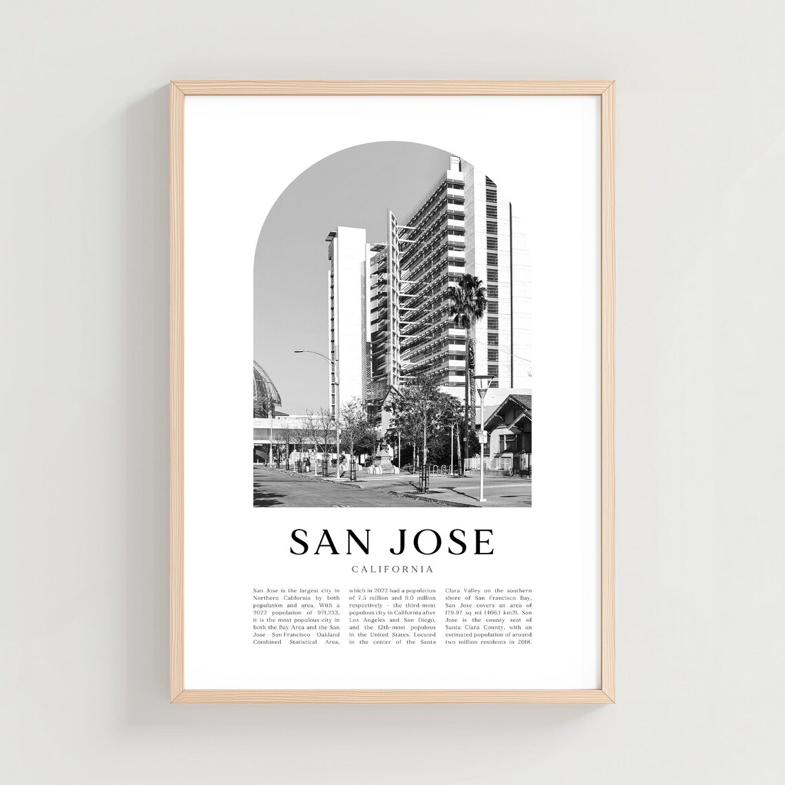 San Jose California Black and White City Photo Arch Travel Poster