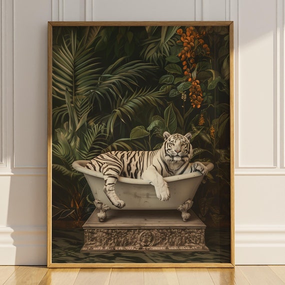 White Tiger Bathroom Wall Decor Funny Tiger Bathtub Wall Art Tropical Plants Animal Botanical Toilet Restroom