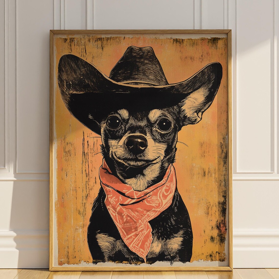 Chihuahua Cowboy Hat Bandana Western Linocut Dog Wall Art Poster