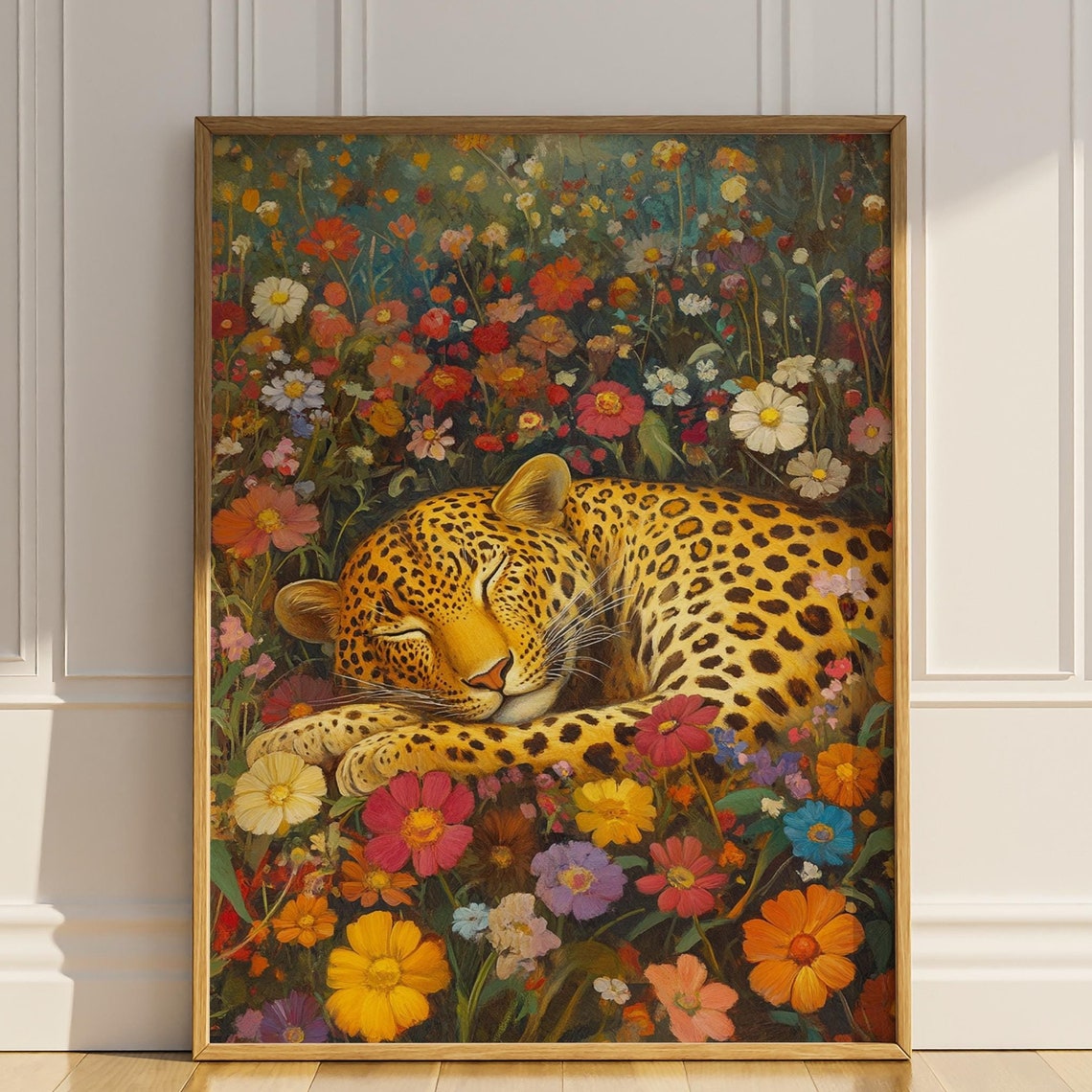 Sleeping Leopard Resting in a Wildflower Meadow Vintage Art Poster