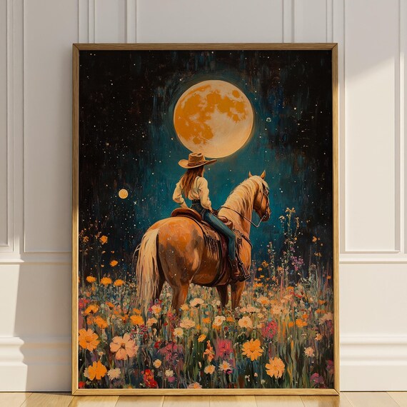 Cowgirl on Horseback in Wildflower Field Under Full Moon Wall Art