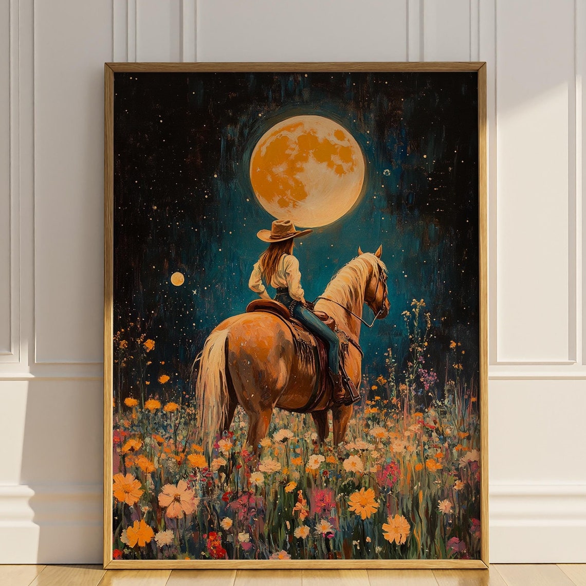 Cowgirl Riding Horse In A Field Of Wildflowers Celestial Wall Art Moon Wall Decor Boho Art Deco Oil Painting Western Poster