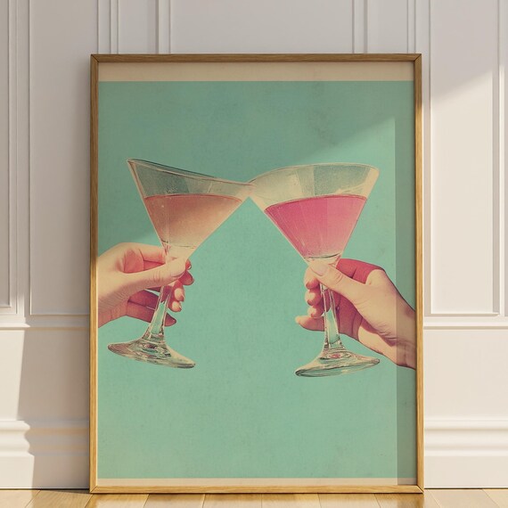 Cheers Two Pink Martinis Clinking Retro Bar Decor Party Poster