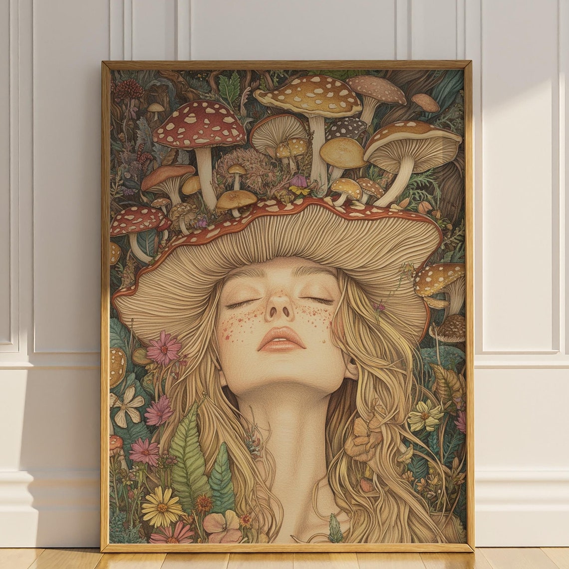 Mushroom Girl Eyes Closed Colorful Mushroom Crown Whimsical Art Poster