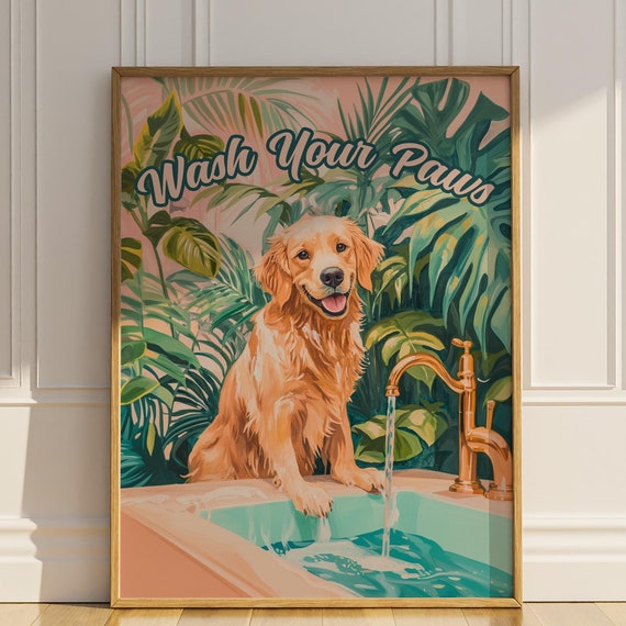 Wash Your Paws Golden Retriever Bathroom Wall Decor Funny Dog Mom Wall Art Plants Botanical Toilet Sign Poster
