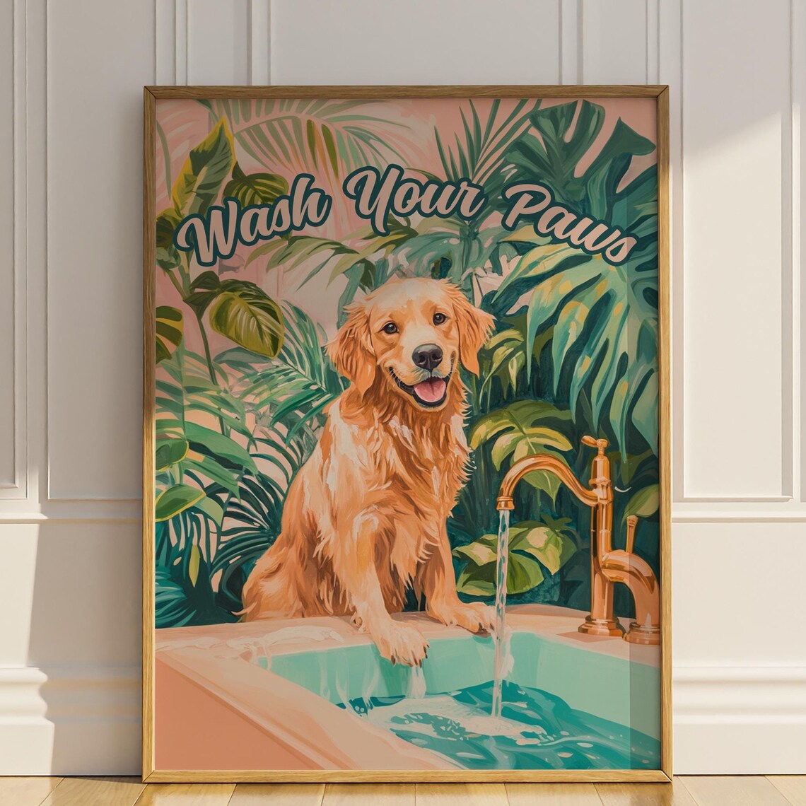 Golden Retriever Wash Your Paws Tropical Funny Bathroom Decor Poster
