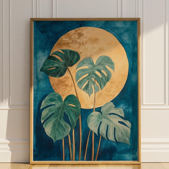 Monstera Leafs Vintage Watercolor Poster, Tropical Plant