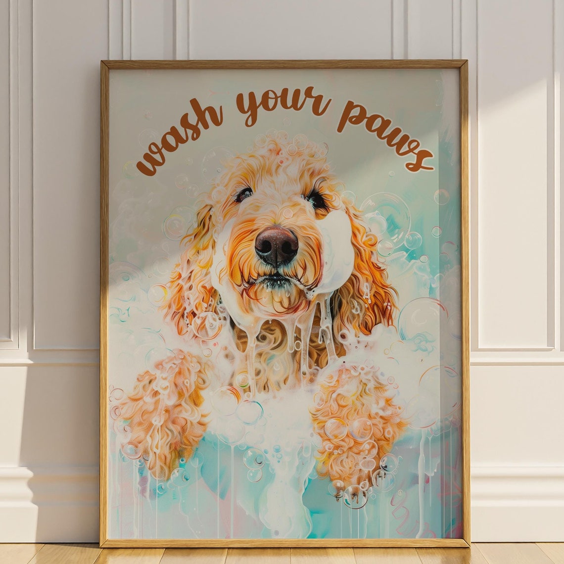 Wash Your Paws Fluffy Goldendoodle Dog Covered in Bubbles Wall Art