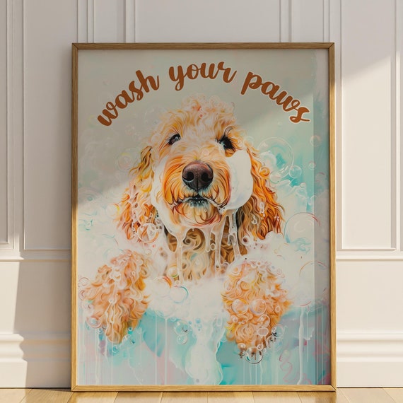 Wash Your Paws Goldendoodle Bathroom Wall Decor Funny Doodle Dog Mom Wall Art Bathtub Toilet Sign Poster
