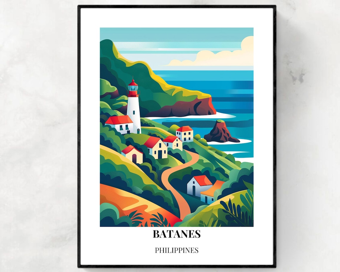 Batanes Philippines Lighthouse Coastal Village Travel Poster
