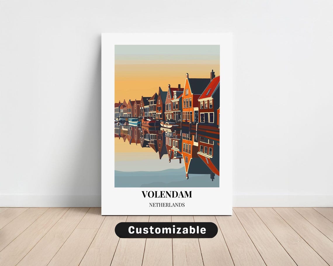 Volendam Netherlands Harbor Gabled Houses Sunset Travel Poster