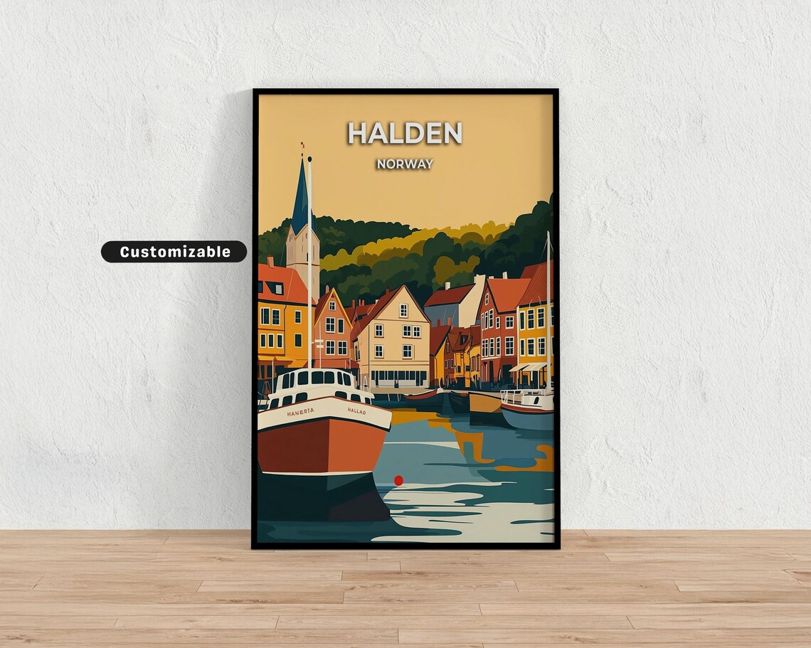 Halden Norway Harbor Boat Golden Sunset Waterfront Travel Poster